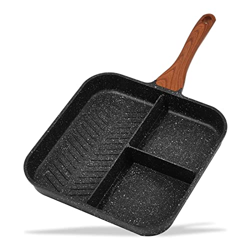 ESLITE LIFE Nonstick Divided Grill Pan, 11 Inch 3-Section Breakfast Grill Pan for Stove Tops, Compatible with All Stovetops (Gas, Electric & Induction), PFOA Free - 11"+3 Divided