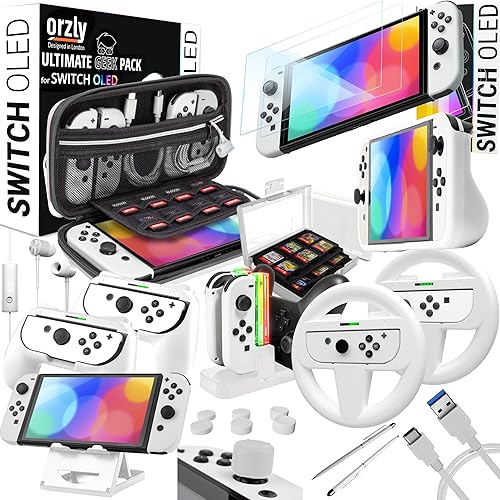 Orzly Accessories Kit Bundle Compatible with Nintendo Switch OLED Console (NOT 2017 Edition Compatible) Ultimate Geek Pack with Case and Screen Protector and Much More - Ice White Gift Boxed - Ice White/ Switch OLED (2021) 7inch