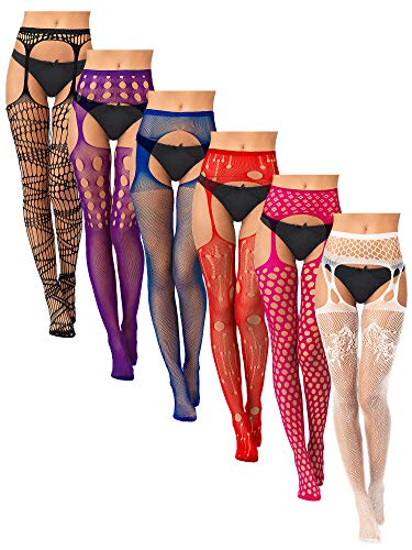 Skylety 6 Pairs Women Fishnet Thigh High Stockings Suspender Pantyhose Stockings for Halloween - Medium-Large - Black, Purple, Royal Blue, Red, Rosy, White