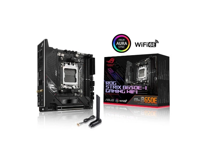 ASUS ROG STRIX B650E-I GAMING WIFI 6E Socket AM5 (LGA 1718) Ryzen 7000 Mini-ITX Gaming Motherboard (PCIe 5.0, DDR5, 10 + 2 Power Stages, two M.2 slots, USB 3.2 Gen 2x2 Type-C rear I/O port, Onboard WiFi 6E, and Aura Sync RGB Lighting)