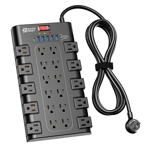 SUPERDANNY Surge Protector Power Bar with 6 USB Charging Ports, Mountable Flat Plug Power Strip, 22 Widely-Spaced Outlets, 2100 Joules, 6.5Ft Heavy Duty Extension Cord for Home, Office, Dorm, Black - 22AC+5USB-A+1USB-C - Black