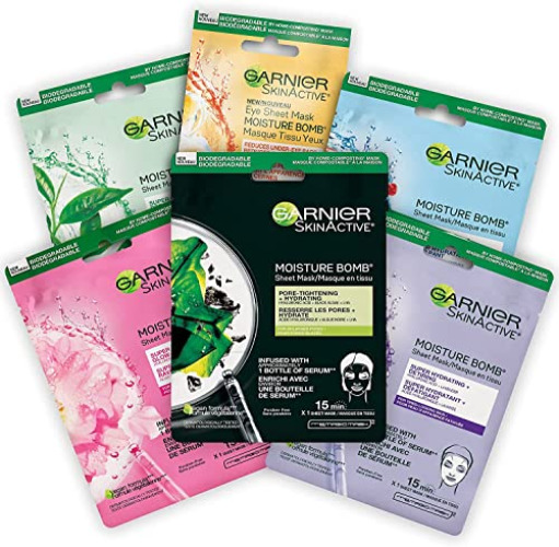 Garnier SkinActive Moisture Bomb Sheet Masks Combo Set, With Hyaluronic Acid, Hydrates & Softens Skin, Pack of 6 (6x28g) - Variety Combo - 6 Count (Pack of 1) - Combo Set