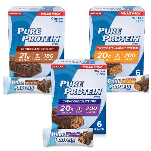 Pure Protein Bar Variety Pack (6 Chocolate Peanut Butter, 6 Chewy Chocolate Chip, 6 Chocolate Deluxe), (18 Count of 1.76 Oz Bars) from Pure Protein