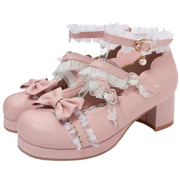 LUXMAX Women Lolita Cosplay Shoes Cross Strap Block Heel Mary Jane Lace Pumps