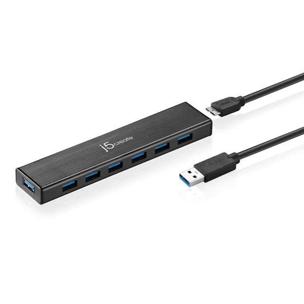 j5create 7-Port Powered USB 3.0 Data Hub with 3.3 ft Extended Cable [20W Power Adapter Included] for Mac, MacBook, Windows, Laptop, Surface, XPS, PC (JUH377) - 