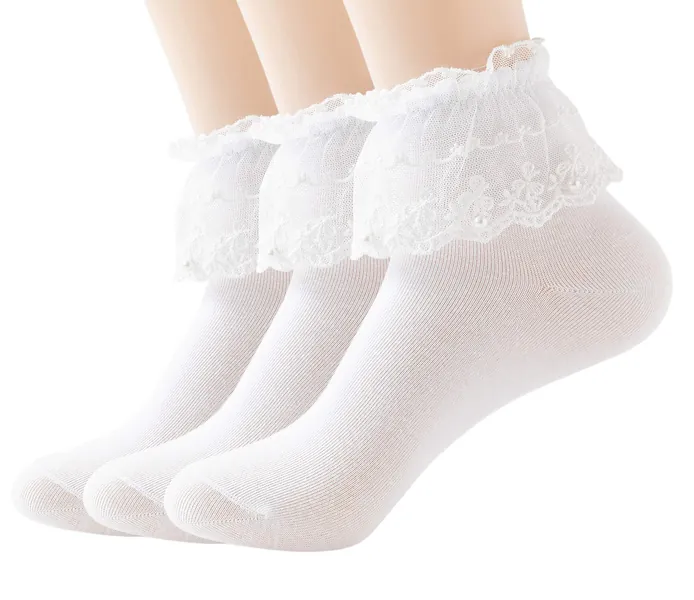 YASIDI Women Ankle Socks,Pearl Lace Ruffle Frilly Cotton Socks Princess Socks Lace Socks Cute Socks