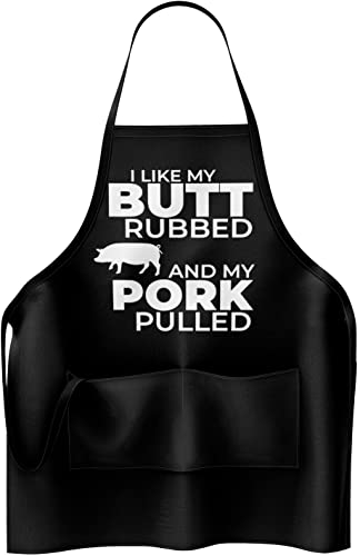 Funny Apron for Men - I Like My Butt Rubbed And My Pork Pulled - Adjustable Large 1 Size Fits All - Poly/Cotton Apron with 2 Pockets - BBQ Gift Apron for Father, Husband, Chef