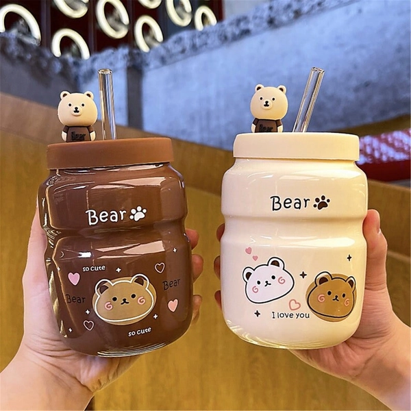 500ml Cartoon Bear Straw Ceramic Mug