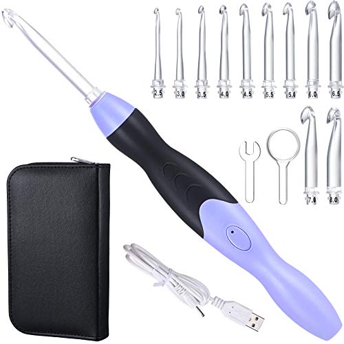 11 Sizes Lighted Crochet Hooks Set Rechargeable Crochet Hook Light Up Crochet Hooks with Case, Interchangeable Heads 2.5 mm to 8 mm for DIY Craft Supplies (Purple-Black) - Purple-Black