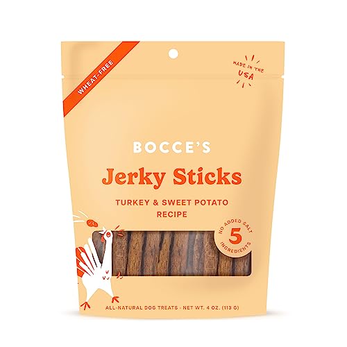 Bocce's Bakery Jerky Stick Dog Treats, Wheat-Free, Made with Limited-Ingredients, Baked in The USA with No Added Salt or Sugar, All-Naural & High-Protein, Turkey & Sweet Potato, 4 oz - Turkey + Sweet Potato