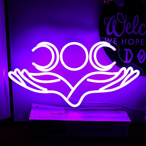 Alkkign Hand to Moon Neon Signs Hand Supported Month Neon Sign Dimmable Purple Neon Signs for Wall Decor 16.5”x8.6” with USB/Switch Moon Neon Sign for Kids Room Man Cave Christmas Gift - purple