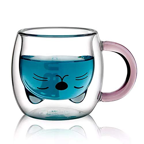 Qiuerte 250ML Creative Cartoon Cat Coffee Cup Cute Animal Double Glass Coffee Mug Transparent Heat Insulation and Anti-scalding