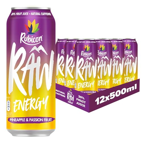 Rubicon RAW Pineapple & Passion Energy Drink, 20% Fruit Juice, High Caffiene with B-Vitamins, Ginseng & Guarana, No Artificial Colours or Flavours, Reduce Tiredness & Boost Energy - 12 x 500ml - NEW Pineapple & Passion - 500ml | 12 Cans