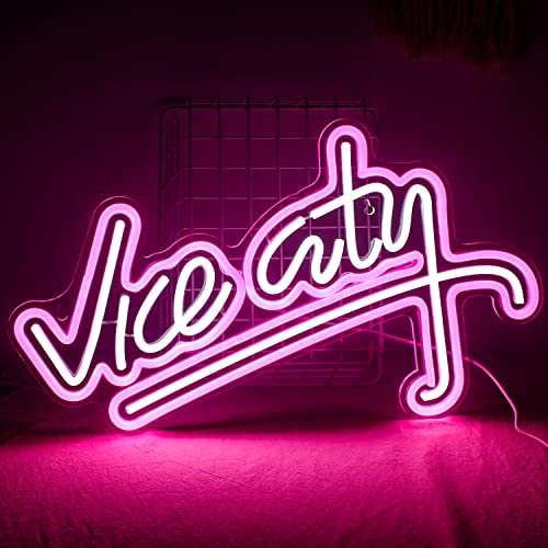 wanxing Vice City Neon Sign Pink White Led Sign for Bedroom Wall Decor USB Powered Letter Neon Light for Game Room, Man Cave, Gaming Zone - D-vice City