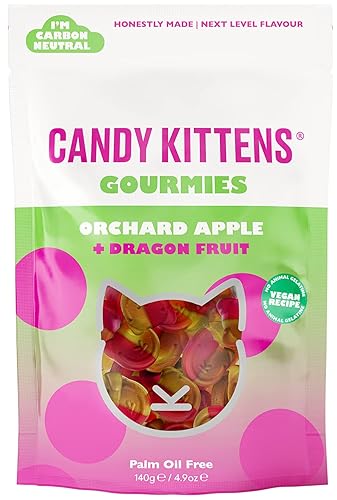 CANDY KITTENS Vegan Sweets, GOURMIES ORCHARD APPLE & DRAGON FRUIT, Packed With Fruit Juice & Natural Ingredients, Big Gourmet Flavours From Little Kittens, Vegetarian Sweets - 140g Sweet Bag - Orchard Apple & Dragon Fruit - 140 g (Pack of 1)