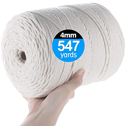 VENROII 4mm Macrame Cord, 4mm x 547Yards, 100% Natural Cotton Macrame Craft Rope, 4 Strand Twisted Soft Cotton Cord for Handmade Wall Hanging, Dreamcatcher, Plant Hangers, Knitting, Craft Cord - 4mm x 547Yards - Natural Color