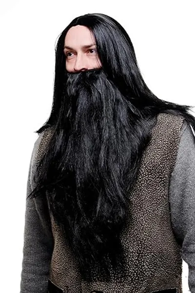 WIG ME UP - PW0210-P103 Perruque et Barbe Set Noire Sorciers, Noé, Moïse, Guru, Rocker, Biker, Motard