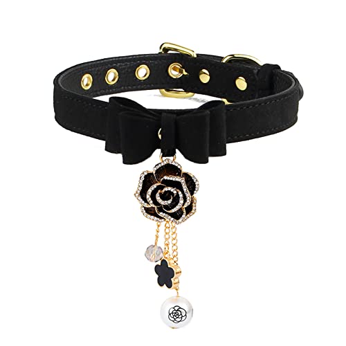 Leather Collar Necklace for Women with Bow Bell Kitty Cat and Delicate Tea flower pearl pendant Choker for Ladies Black Pink Red - A1-Flower - A-Black