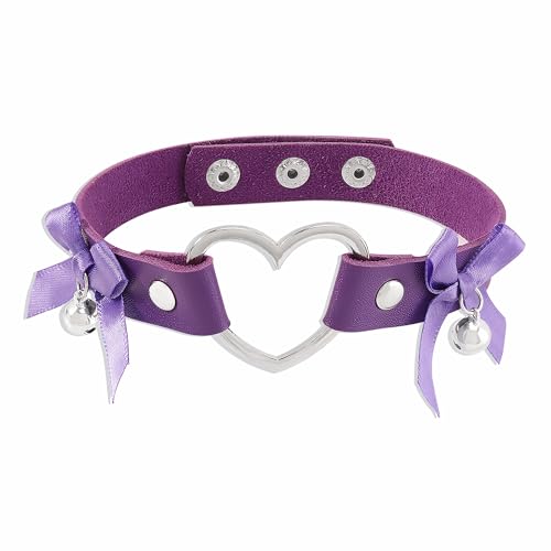rgwtgkyh Heart Leather Choker for Girls Pink Adjustable Punk Necklace Cute Bell Bow Choker Collar for Women Trendy Jewelry - purple