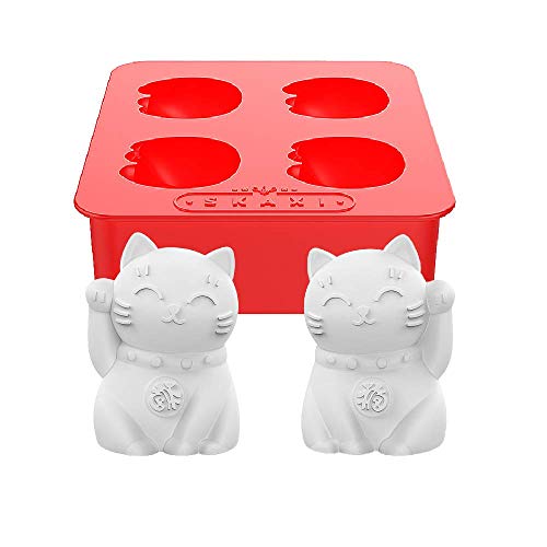 Skaxi Japanese Lucky Cat Silicone Mold Tray, Maneki-Neko 招き猫, Makes 4pcs Novelty Kitty Shaped Ice Cube, Brings Luck Prosperity Fortune