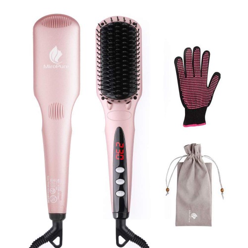 MiroPure Double Negative Air Ion Straightening Brush Iron with Temperature Lock Function Anti-Static Speedy Fatigue Release Burn-Prevention with Heat-Resistant Gloves, safety pink - Pink