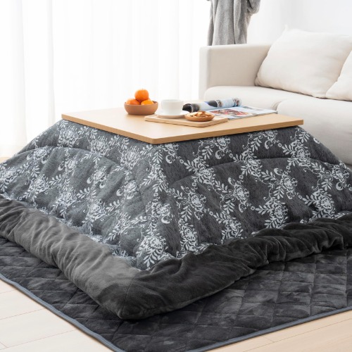 HOMFINE Kotatsu Comforter, Rectangular, Large, Single Item, 80.7 x 96.4 inches (205 x 245 cm), Double-sided, Reversible Kotatsu Comforter, Warm, Thick, Chenille, Flannel, Kotatsu Comforter, Compatible Kotatsu Table: 31.5 - 35.4 x 47.2 inches (80 - 90 x 120 cm), Fluffy, Warm and Warm for Winter, Washable, Anti-static, Shedding Leaf Pattern x Dark Gray - 単品：205x245cm - foliage pattern x dark gray