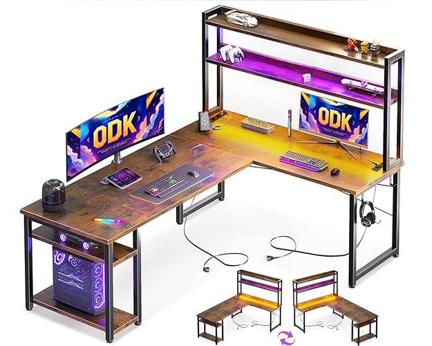 ODK Escritorio Gaming con LED, Escritorio con Estante Reversible, Escritorio en L con Enchufes y Puertos USB, Escritorio Gaming Madera Vintage con Compartimentos y Almacenamiento, 150×120 cm - 150×120cm - Marrón Vintage