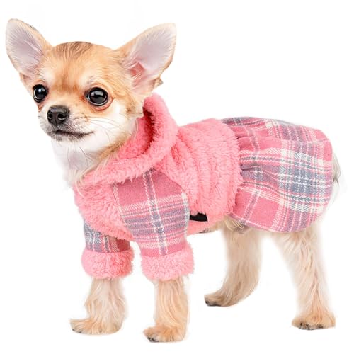 Winter Dog Dress, Cute Warm Fleece Dog Hooded Sweater, for Small Dogs Girl, Pink Plaid Puppy Dresses Clothes for Chihuahua Yorkie,Cat Apparel (Pink, X-Small) - X-Small - Blue
