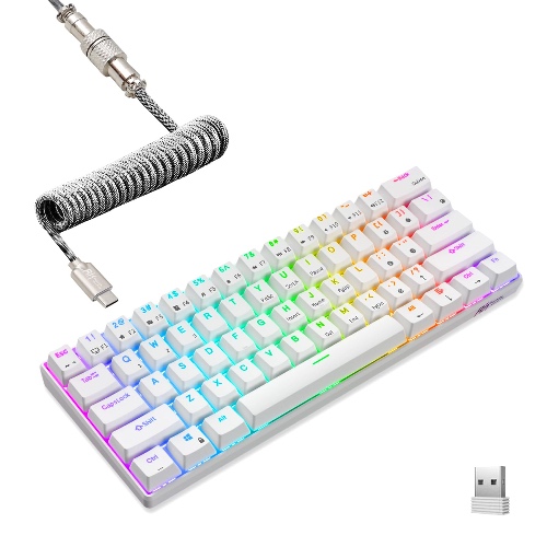 RK ROYAL KLUDGE RK61 60% Mechanical Keyboard with Coiled Cable, 2.4Ghz/Bluetooth/Wired, Wireless Bluetooth Mini Keyboard 61 Keys, RGB Hot Swappable Brown Switch Gaming Keyboard with Software - White - Brown switch - white