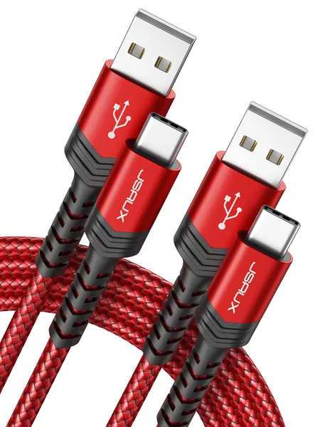 USB-C to USB A Cable 3.1A Fast Charging [2-Pack 6.6ft], JSAUX USB Type C Charger Cord Compatible with Samsung Galaxy S10 S9 S8 S20 Plus A51 A12 A11, Note 10 9 8, PS5 Controller USB C Charger-Red - 6.6FT Red
