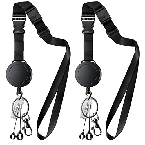 2 Pack Heavy Duty Retractable Badge Holder with Adjustable Neck Lanyard, Retractable Badge Reel Lanyard with Key Ring, 2 Pen Holders and Lobster Clip, 32” Dyneema Cord [Black]