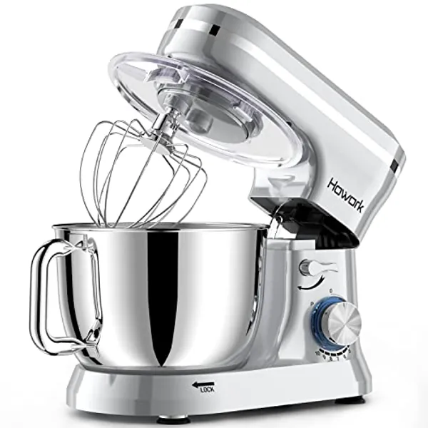 HOWORK Electric Stand Mixer,10+p Speeds With 6.5QT Stainless Steel Bowl,Dough Hook, Wire Whip & Beater,for Most Home Cooks,Silver