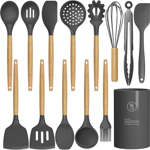 14 Pcs Silicone Cooking Utensils Kitchen Utensil Set - 446°F Heat Resistant,Turner Tongs, Spatula, Spoon, Brush, Whisk, Wooden Handle Gray Gadgets with Holder for Nonstick Cookware (BPA Free) - Gray