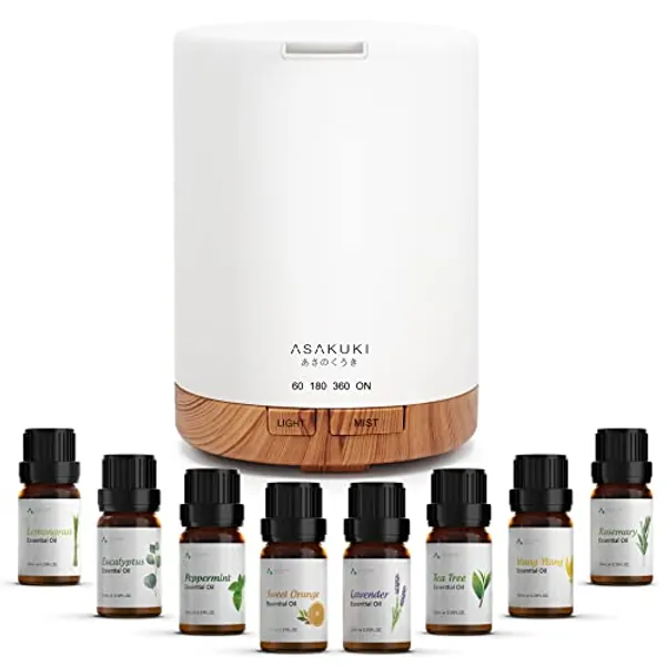 ASAKUKI Essential Oil Diffuser, Aromatherapy Cool Mist Home Humidifier with 7 LED Color Changing Light and Auto-Off Safety Switch, 8 Essential Oils Set, 300ml (X-Brown with Oils)