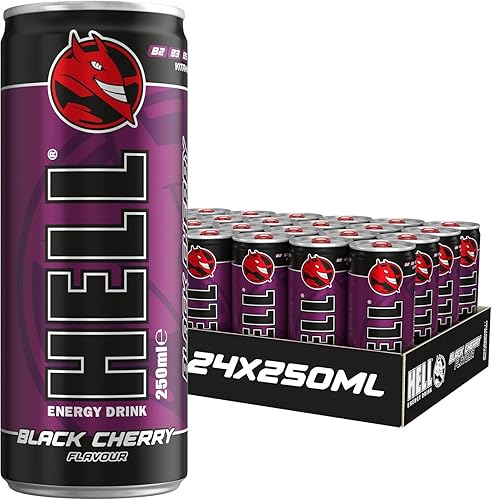 HELL BLACK CHERRY Energy Drink | 32 mg/100 ml Caffeine | Vitamins B3, B5, B6, B12 | No Preservatives | Environmentally Friendly Packaging | 24 x 250ml | Compatible with HELL Energy - HELL-BLACK CHERRY - 250ML