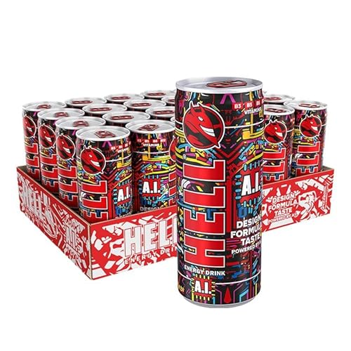 HELL A.I. Energy Drink | 32 mg/100 ml Caffeine | Vitamins B3, B5, B6, B12 | No Preservatives | Environmentally Friendly Packaging | 24 x 250ml | Compatible with HELL Energy - A.I. - 250ML