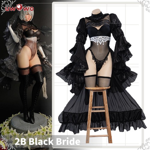 【In Stock】Uwowo Nier: Automata 2B Black Wedding Dress Bride Cosplay Costume - XL