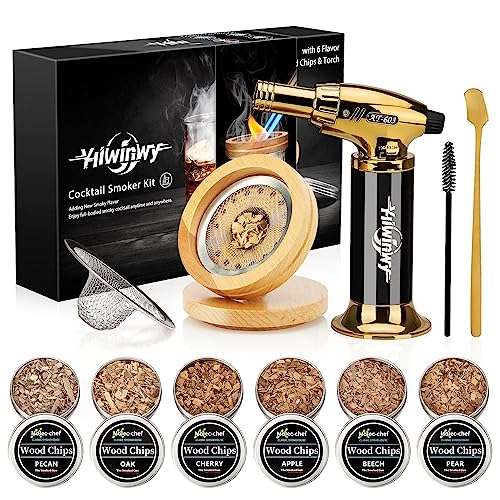 Yiiwinwy Cocktail Smoker Kit with Torch,Whiskey Smoker Kit,Bourbon/Drink/Old Fashioned Smoker Kit with 6 Flavor of Wood Chips,Ideal Gifts for Men,Husband,Dad (No Butane)