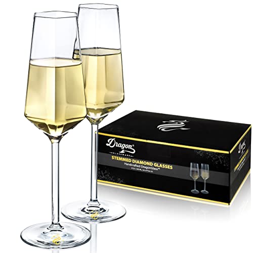 Dragon Glassware Champagne Flutes, Clear Diamond Shaped, Mimosa and Cocktail Glasses, Unique Gift Idea, 8 oz Capacity, Set of 2 - 2 Count (Pack of 1) - Diamond