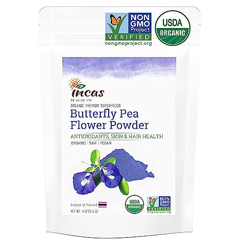 INCAS 100% USDA Organic Butterfly Pea Flower Powder, Non-GMO Verified Butterfly Pea Flower Extract from Thailand, Organic Blue Matcha Tea Powder, Organic Blue Food Coloring, Non GMO, Vegan
