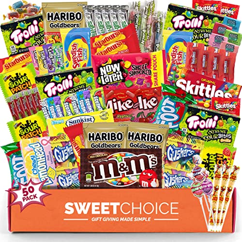 Bite Sized Candy Gift box Care Package - (50 count) Back To School A Sampler of Skittles, Sour Patch Kids, Starburst, Twizzlers, Airheads, and More! Great for Movie Night Sleepovers and Goodie Bags!