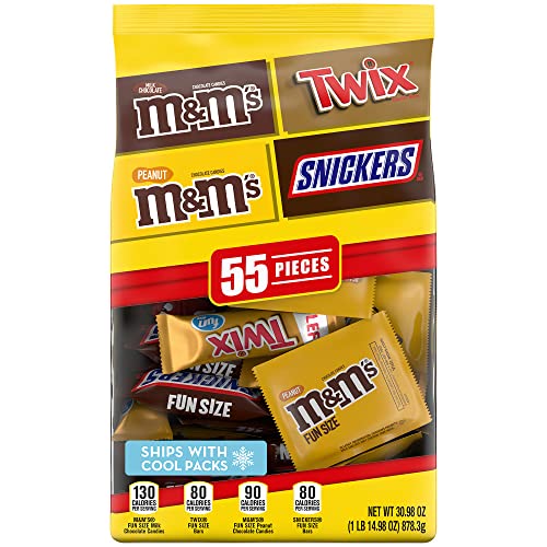 M&M'S Milk Chocolate, M&M'S Peanut, TWIX & SNICKERS Fun Size Milk Chocolate Halloween Candy Variety Pack, 30.98 oz, 55 ct Bulk Candy Bag - NEW PACK