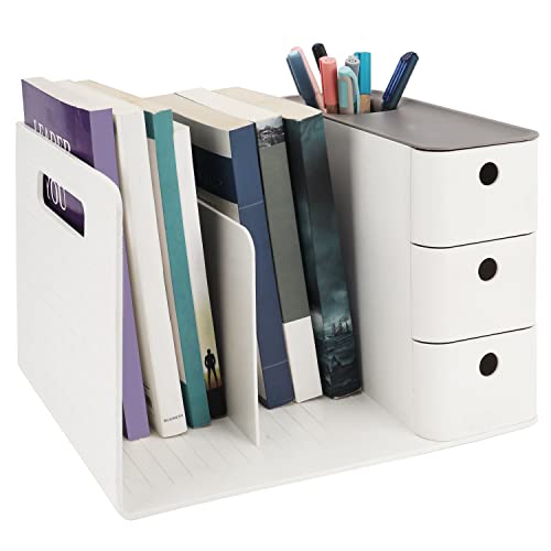 BELLE VOUS White Desktop Storage Organiser with 3 Drawers - PP Plastic Multipurpose Storage Box - Desk Top Shelf Rack for Office Supplies, Files, Books, Pens/Pencils, Stationery & Home Essentials