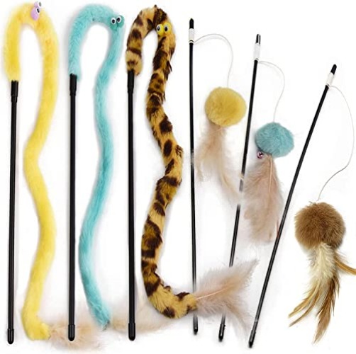 Cat Feather Toys, Interactive Cat Teaser Wand with Bells and Feather, Cat Toys for Indoor Cats Kitten Interactive Training