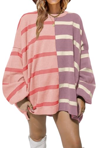 Fisoew Womens Striped Pullover Sweater Crew Neck Long Sleeve Knitted Color Block Casual Loose Lightweight Sweaters for Women - Medium - 1-pink