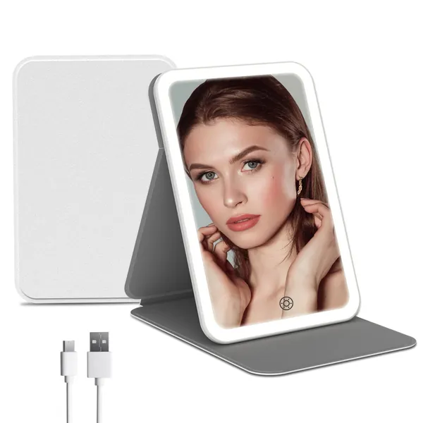 Rechargeable Travel Lighted Makeup Vanity Mirror with PU Leather Cover,Portable Travel Makeup Mirror with lights,3 Color Lighting,Touch Sensor Dimmable, Light Up Tabletop Cosmetic Mirror Folding White - White With Pu Cover