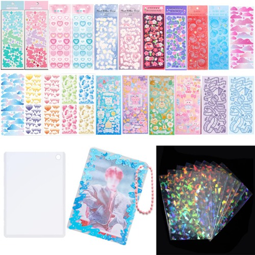 6 Kpop Photocard Holder Keychain Toploaders,50 Holographic Card Sleeves for Trading Cards Kpop Photocard,22 Ribbon Deco Korean Stickers for Photocards Binder Album Scrapbooking Top Loader (Colorful) - Colorful