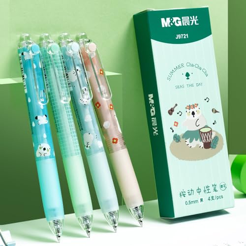 M&G Cute Gel Pens 4Pcs Retractable Black Ink Quick Dry Pens 0.5mm Fine Point Kawaii Smooth Writing Pens for School Office Supplies Aesthetic pretty pens