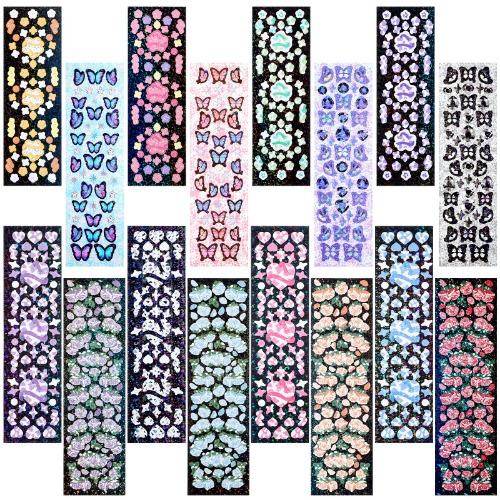 16 Sheets Kpop Photocard Stickers Korean Style Heart Star Ribbon Glitter Decorative Stickers Colorful Laser Butterfly Self Adhesive Stickers for Scrapbook Card Phone Case DIY Decor