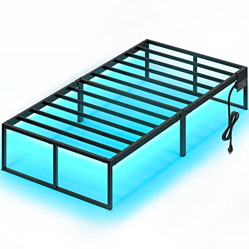 Rolanstar Bed Frame with USB Charging Station, Twin Bed Frame with LED Lights, Platform Bed Frame with Heavy Duty Steel Slats, Storage Space Beneath Bed, No Box Spring Needed, Noise Free, Black - Twin